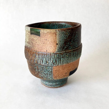 Studio Art Pottery Vase, Green, Brown, Tan, Hand-crafted, Postmodern