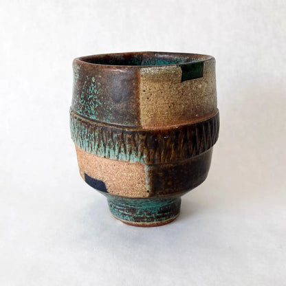 Studio Art Pottery Vase, Green, Brown, Tan, Hand-crafted, Postmodern