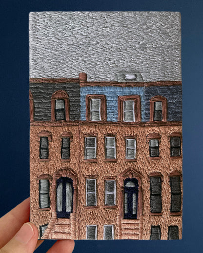 Brooklyn Brownstones, Hand Embroidered Canvas, 4 x 6 inches
