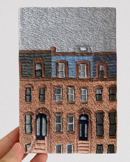 Brooklyn Brownstones, Hand Embroidered Canvas, 4 x 6 inches