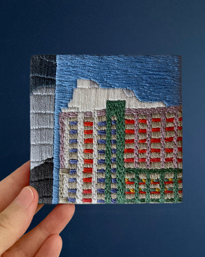Manhattan in Color, Hand Embroidered Canvas, 4 x 4 inches