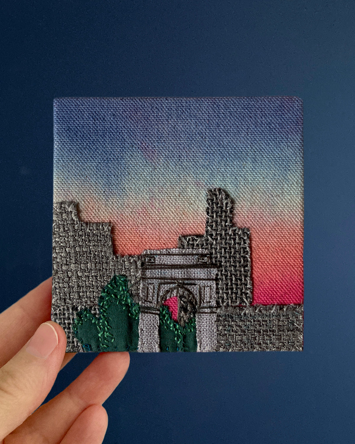 Washington Square Park No 2, Hand Dyed and Embroidered Canvas, 4 x 4 inches