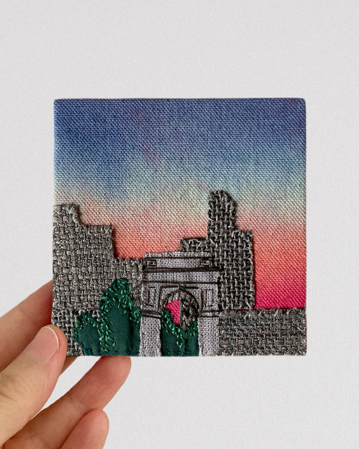Washington Square Park No 2, Hand Dyed and Embroidered Canvas, 4 x 4 inches