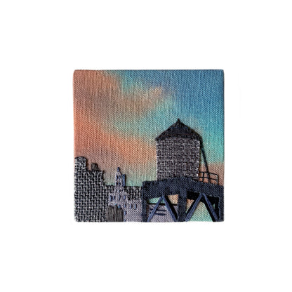 Water Tower Silhouette, Hand Dyed and Embroidered Canvas, 4 x 4 inches