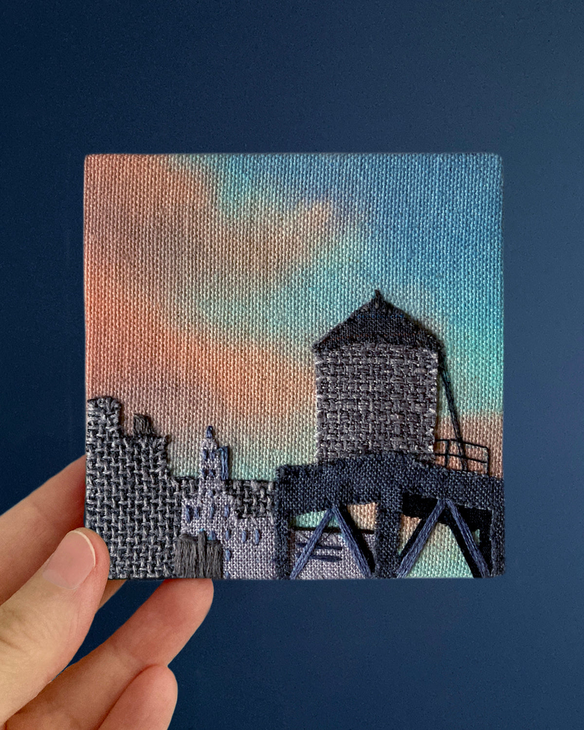 Water Tower Silhouette, Hand Dyed and Embroidered Canvas, 4 x 4 inches