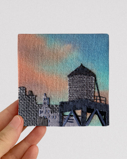 Water Tower Silhouette, Hand Dyed and Embroidered Canvas, 4 x 4 inches