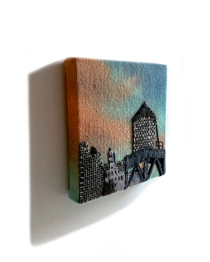 Water Tower Silhouette, Hand Dyed and Embroidered Canvas, 4 x 4 inches