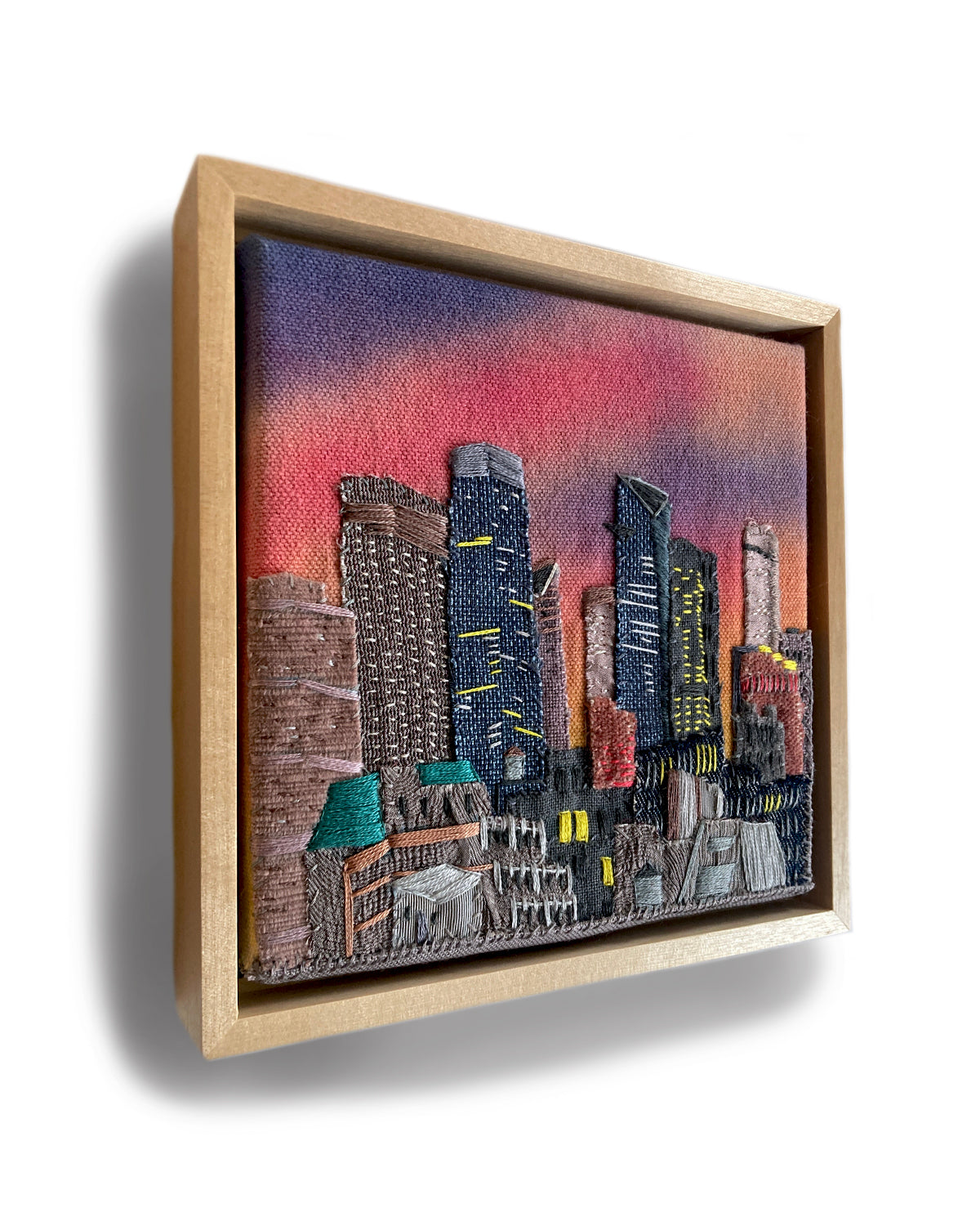 Towering Manhattan, Hand Dyed and Embroidered Canvas, 6 x 6 inches