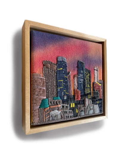 Towering Manhattan, Hand Dyed and Embroidered Canvas, 6 x 6 inches
