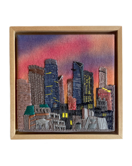 Towering Manhattan, Hand Dyed and Embroidered Canvas, 6 x 6 inches
