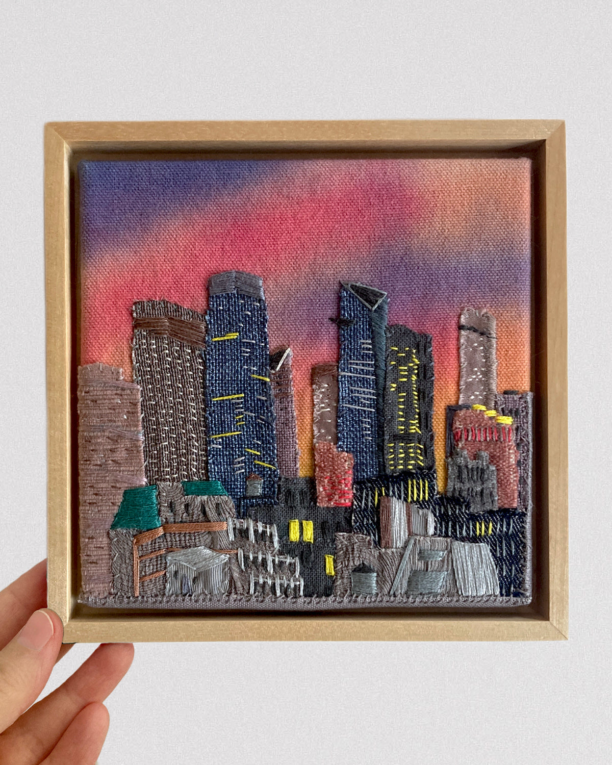 Towering Manhattan, Hand Dyed and Embroidered Canvas, 6 x 6 inches