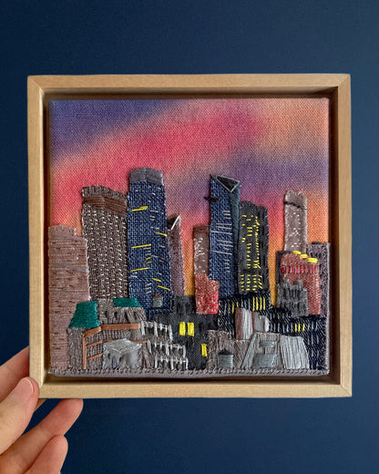 Towering Manhattan, Hand Dyed and Embroidered Canvas, 6 x 6 inches