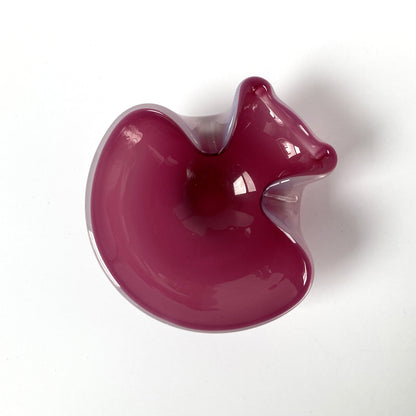 Stunning, unique Venetian hand blown bowl/ catchall. Beautiful cranberry pink interior with opal exterior, creating a luminous mauve shade. 