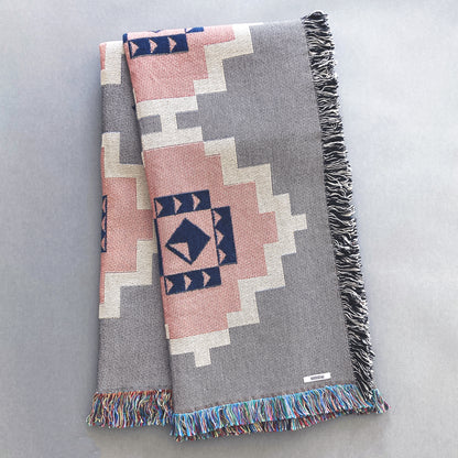 Gray and pink geometric throw blanket, cotton