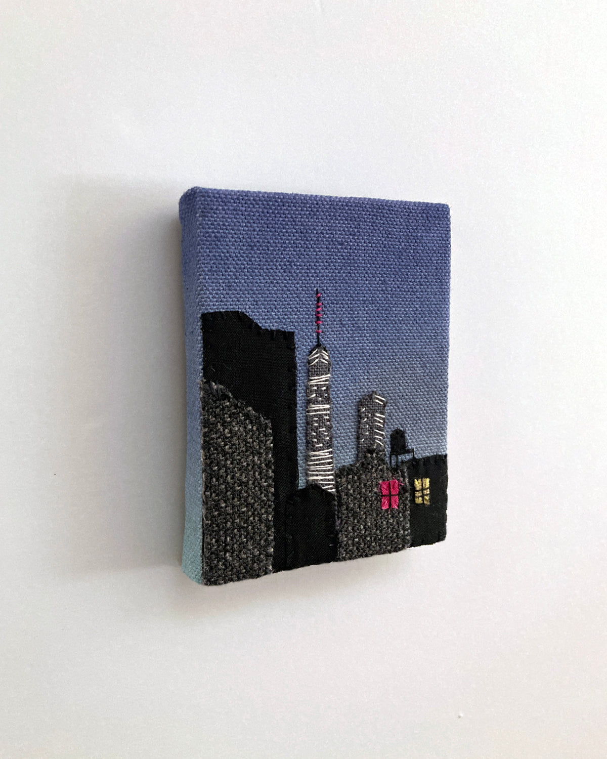 New York at Night, Hand Dyed and Embroidered Canvas, 2.75 x 3.5 inches