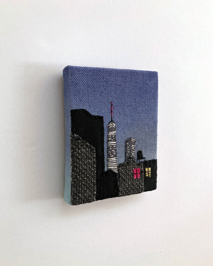 New York at Night, Hand Dyed and Embroidered Canvas, 2.75 x 3.5 inches
