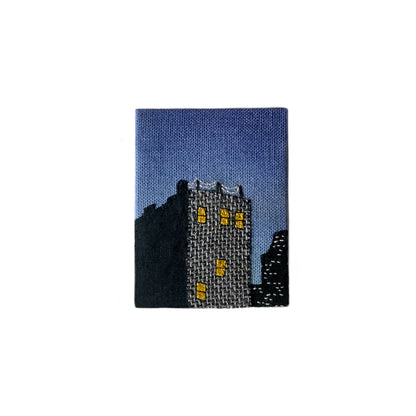 Lower Manhattan at Night, Hand Dyed and Embroidered Canvas, 2.75 x 3.5 inches