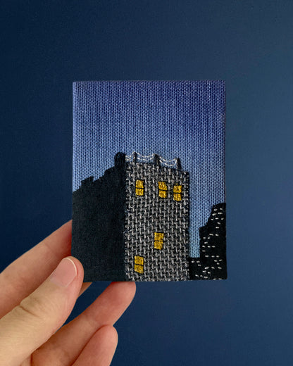 Lower Manhattan at Night, Hand Dyed and Embroidered Canvas, 2.75 x 3.5 inches