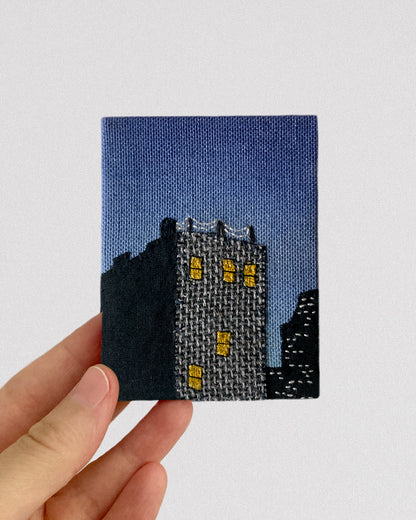 Lower Manhattan at Night, Hand Dyed and Embroidered Canvas, 2.75 x 3.5 inches