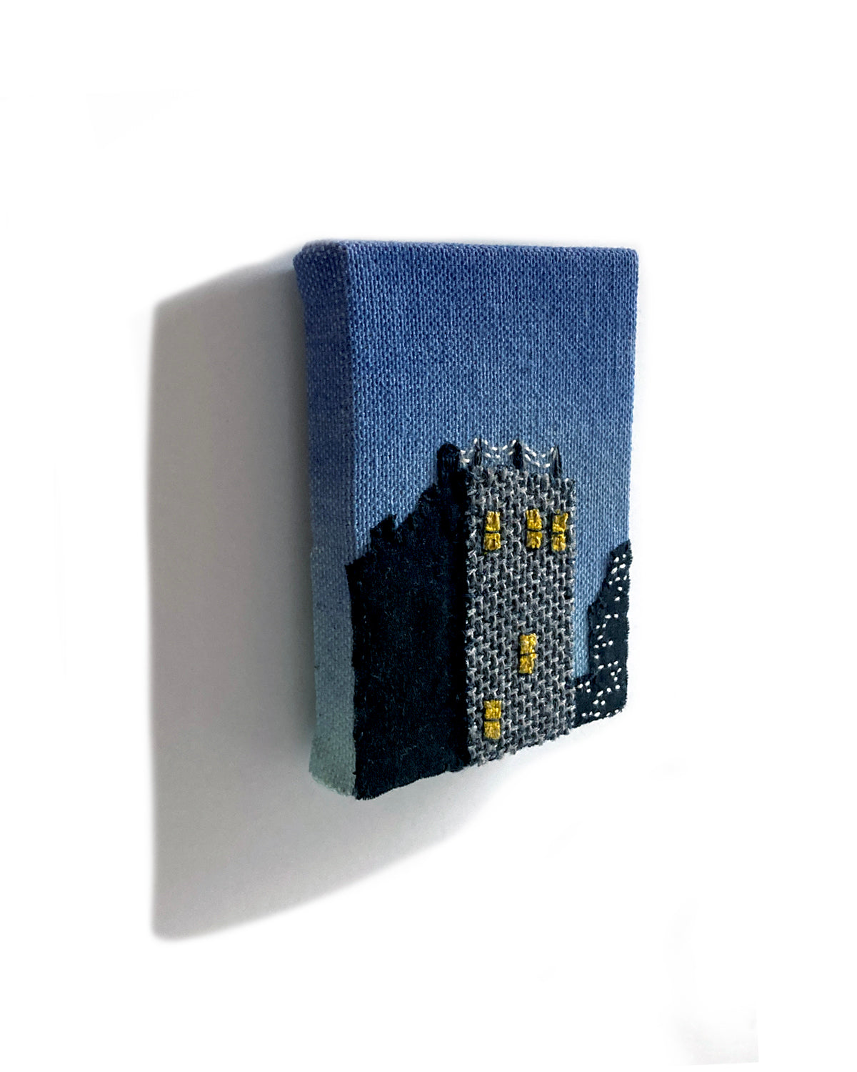 Lower Manhattan at Night, Hand Dyed and Embroidered Canvas, 2.75 x 3.5 inches