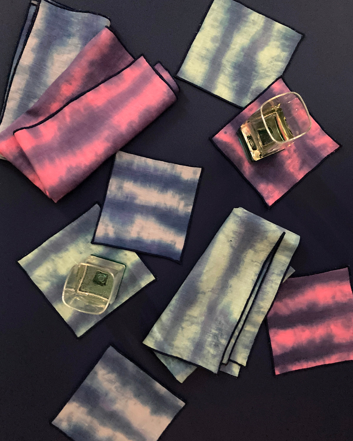 Hand Painted Jade & Indigo Striped Napkins, Set of Four
