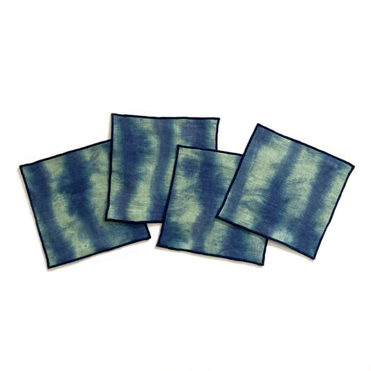 Hand Painted Jade & Indigo Striped Cocktail Napkins, Set of Four