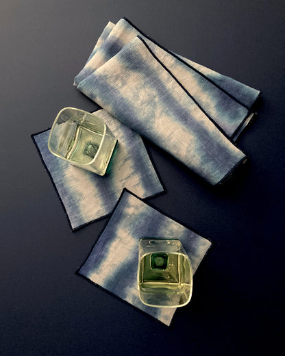 Hand Painted Silver & Indigo Striped Cocktail Napkins, Set of Four