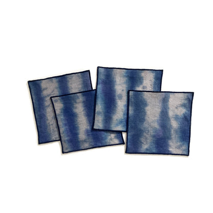 Hand Painted Silver & Indigo Striped Cocktail Napkins, Set of Four