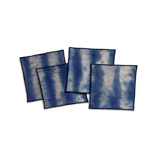 Hand Painted Silver & Indigo Striped Cocktail Napkins, Set of Four