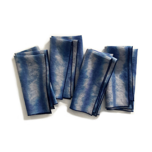 Hand Painted Silver & Indigo Striped Napkins, Set of Four