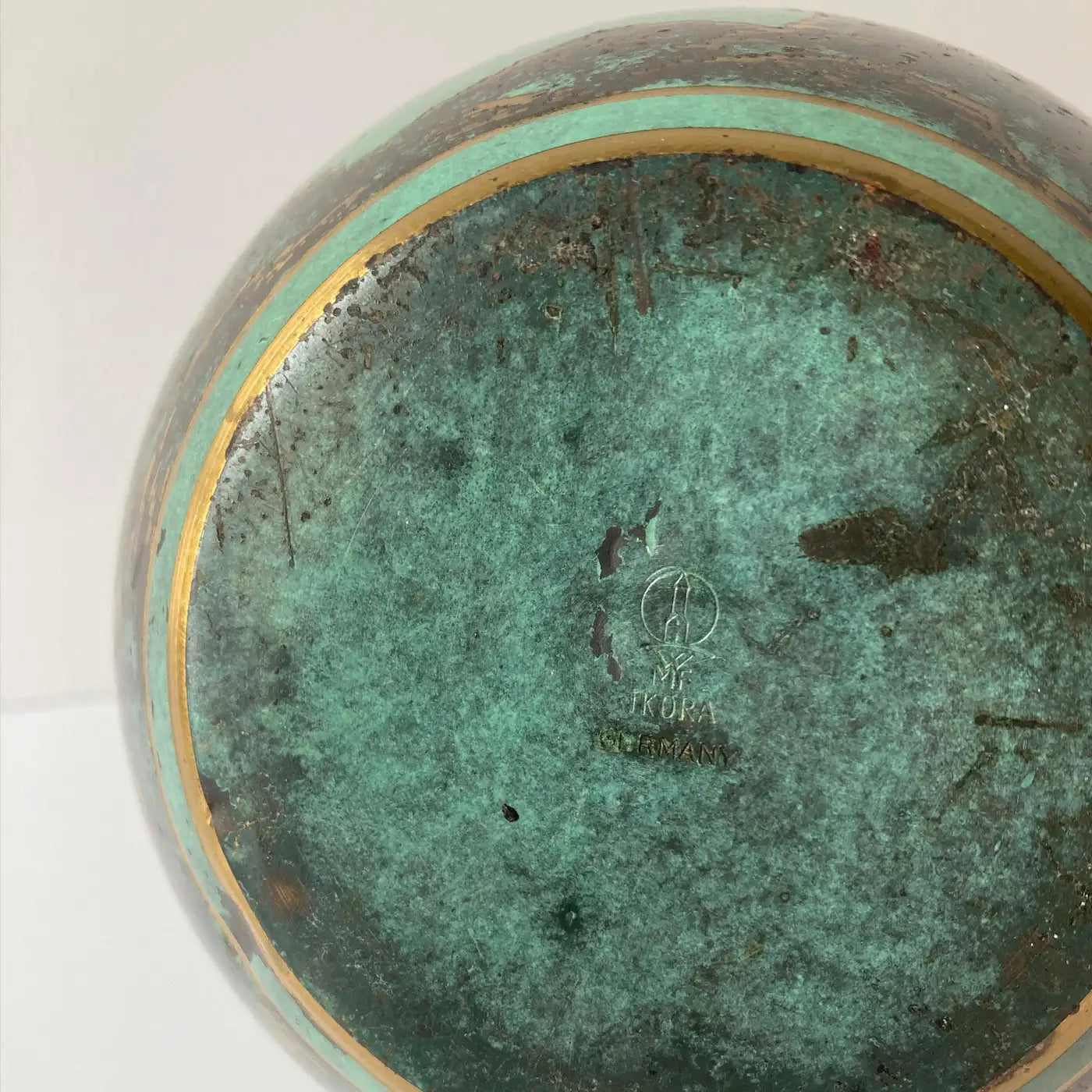 WMF Ikora Green Patinated Art Deco Metal Rounded Vase with Trees, 1930s