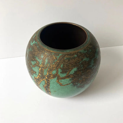 WMF Ikora Green Patinated Art Deco Metal Rounded Vase with Trees, 1930s