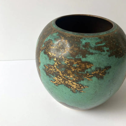 WMF Ikora Green Patinated Art Deco Metal Rounded Vase with Trees, 1930s