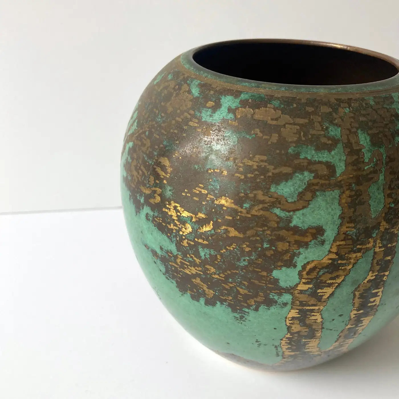 WMF Ikora Green Patinated Art Deco Metal Rounded Vase with Trees, 1930s