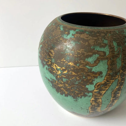 WMF Ikora Green Patinated Art Deco Metal Rounded Vase with Trees, 1930s