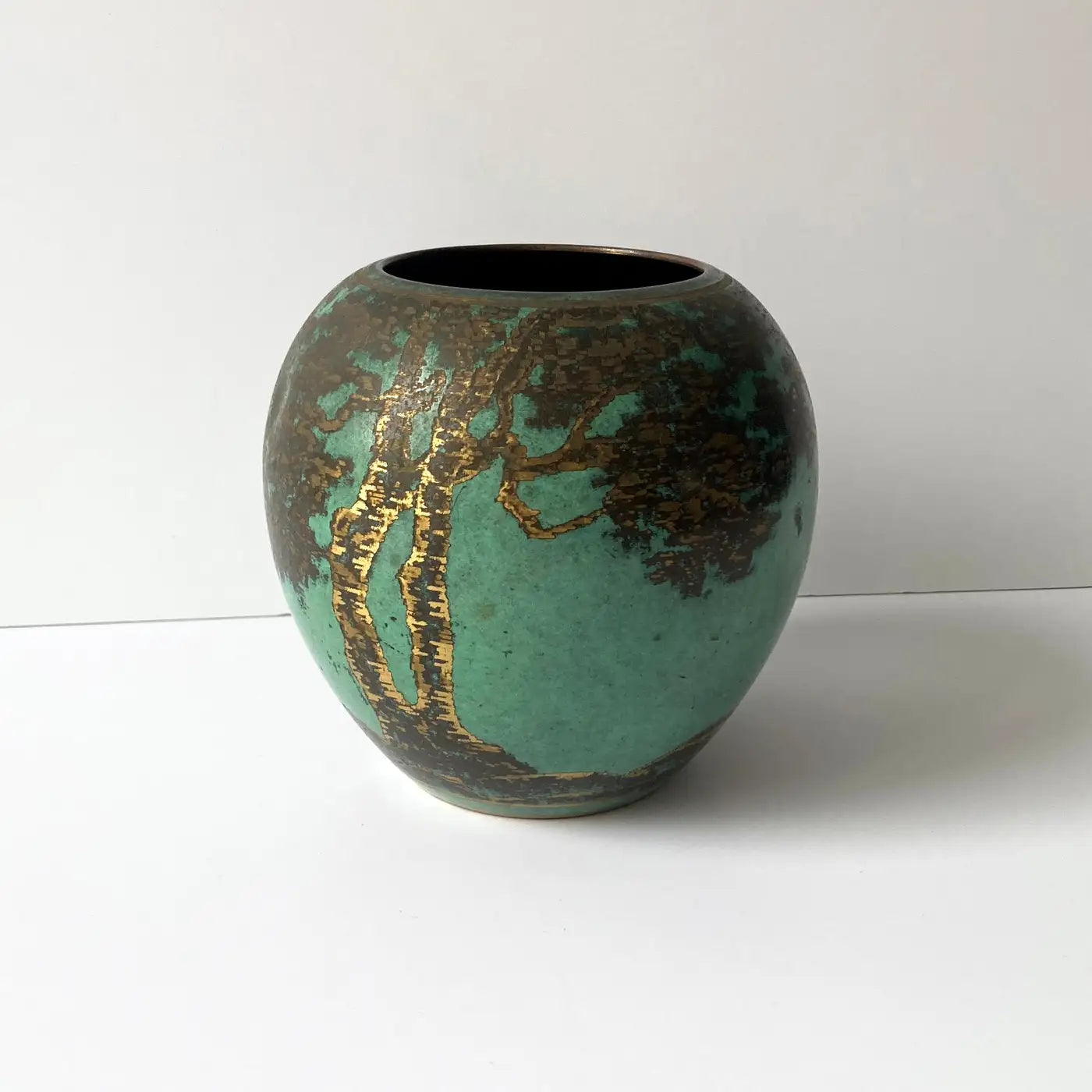 WMF Ikora Green Patinated Art Deco Metal Rounded Vase with Trees, 1930s