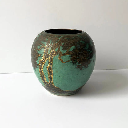 WMF Ikora Green Patinated Art Deco Metal Rounded Vase with Trees, 1930s