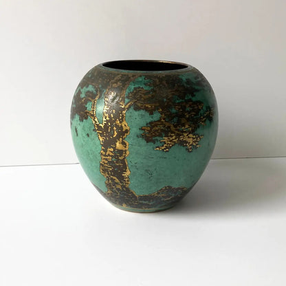 WMF Ikora Green Patinated Art Deco Metal Rounded Vase with Trees, 1930s