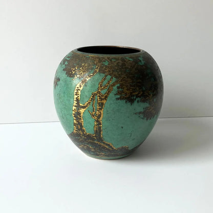 WMF Ikora Green Patinated Art Deco Metal Rounded Vase with Trees, 1930s