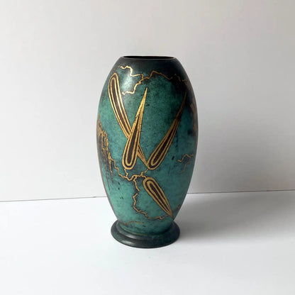 WMF Ikora Green Patinated Paul Haustein Art Deco Vase, Abstract Leaves, 1930s