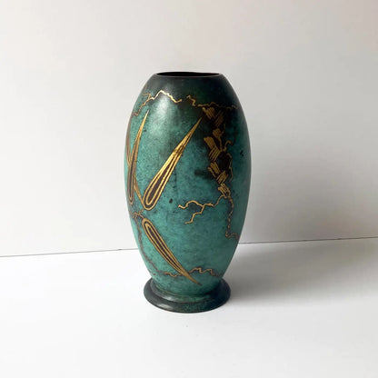WMF Ikora Green Patinated Paul Haustein Art Deco Vase, Abstract Leaves, 1930s