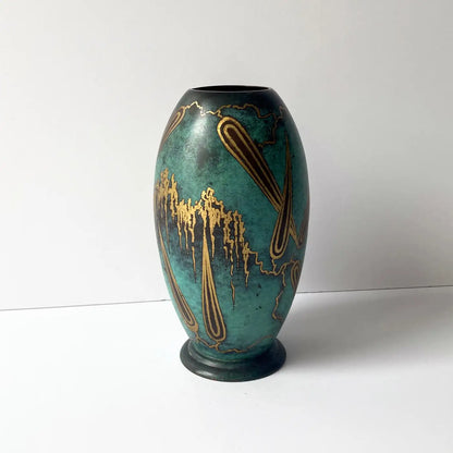 WMF Ikora Green Patinated Paul Haustein Art Deco Vase, Abstract Leaves, 1930s