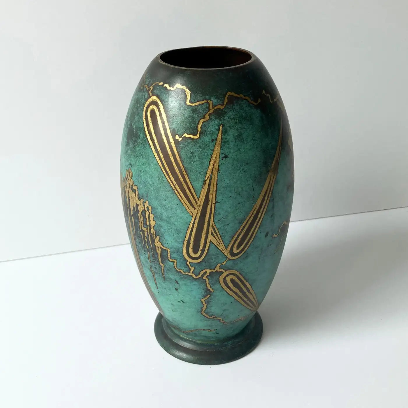 WMF Ikora Green Patinated Paul Haustein Art Deco Vase, Abstract Leaves, 1930s