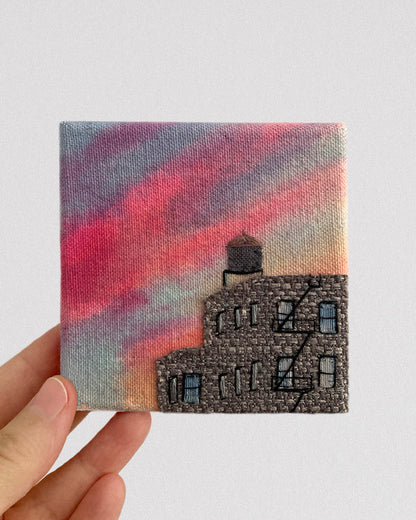 PRE-ORDER Water Tower Silhouette, Hand Dyed and Embroidered Canvas, 4 x 4 inches
