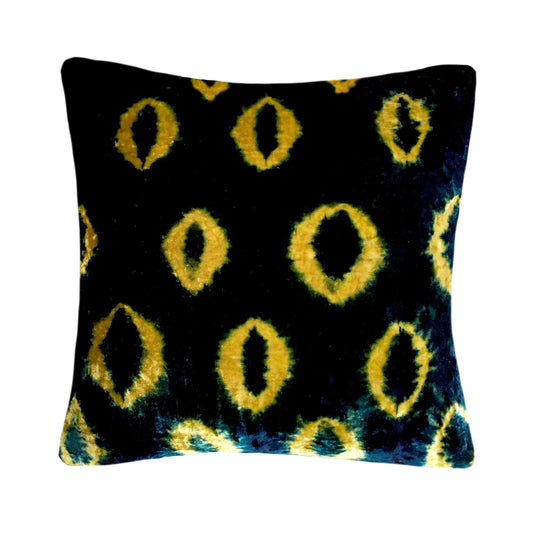 Gold yellow velvet throw pillow dyed with blue indigo in Ikat pattern with gray linen backing. Sustainably hand dyed in small batches and sewn in New York City,