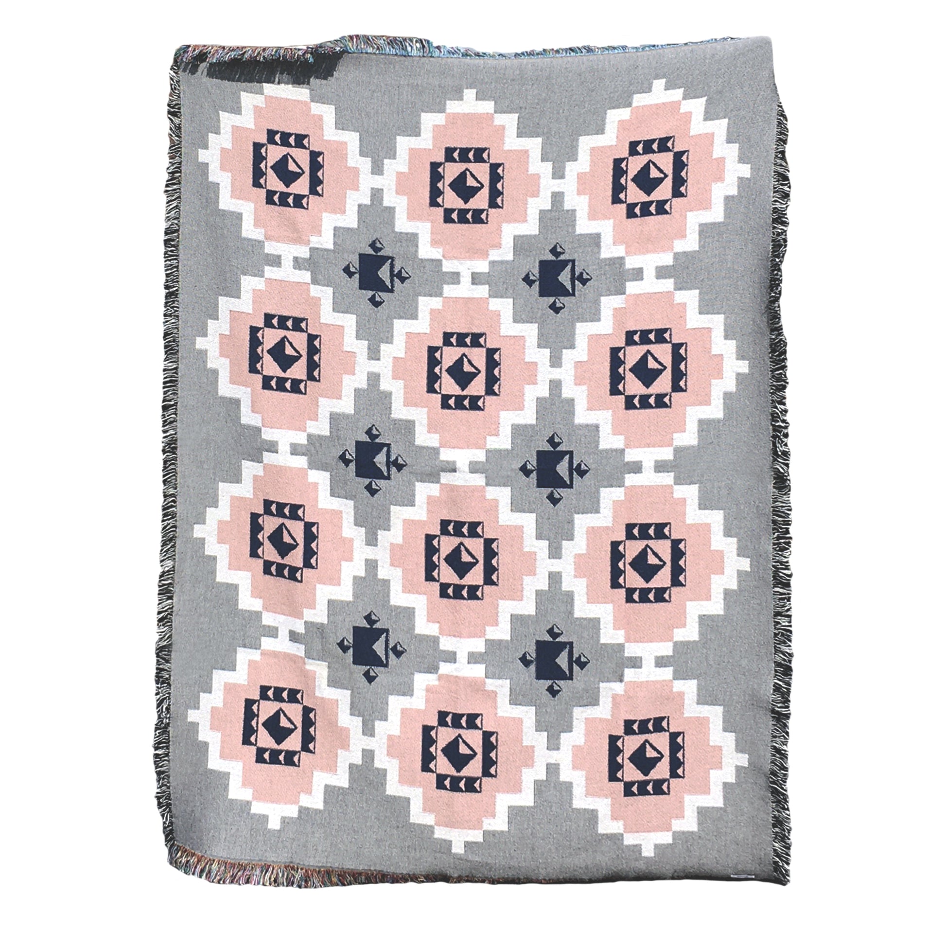 Gray geometric print woven throw with fringe edge, with accents of pink, white and navy. Woven with recycled cotton on a jacquard loom, made in the US. Each throw measures 54 x 72 inches.

This geometric patterned throw is inspired by early 20th century woven coverlets. The updated, bold geometric pattern offers a fresh perspective on a long-forgotten craft.
