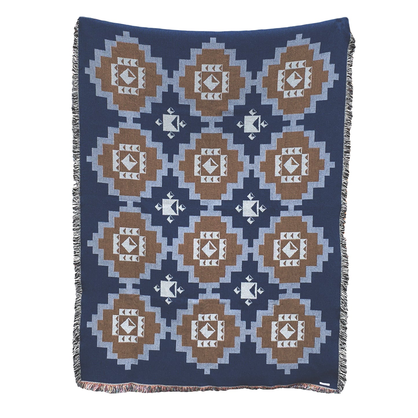 Navy and ochre geometric print woven throw with fringe edge. Woven with recycled cotton on a jacquard loom, made in the US. Each throw measures 54 x 72 inches.

This geometric patterned throw is inspired by early 20th century woven coverlets. The updated, bold geometric pattern offers a fresh perspective on a long-forgotten craft.
