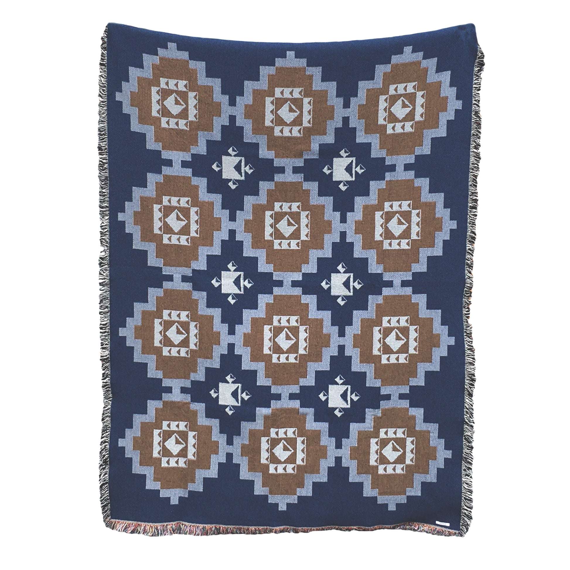 Navy and ochre geometric print woven throw with fringe edge. Woven with recycled cotton on a jacquard loom, made in the US. Each throw measures 54 x 72 inches.

This geometric patterned throw is inspired by early 20th century woven coverlets. The updated, bold geometric pattern offers a fresh perspective on a long-forgotten craft.
