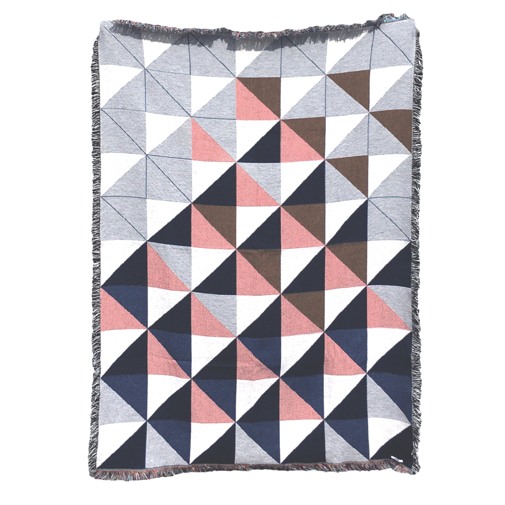 The Sixteen throw in navy, pink, ochre and gray geometric print woven throw with fringe edge. Woven with recycled cotton on a jacquard loom, made in the US. Each throw measures 54 x 72 inches.

This geometric patterned throw is inspired by a painting we created for our New York City studio.