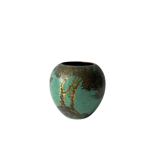 WMF Ikora Green Patinated Art Deco Metal Rounded Vase with Trees, 1930s
